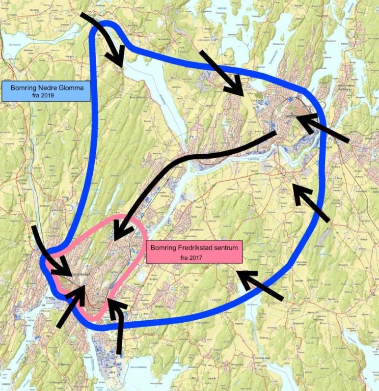 25 (79) 5.2 Prinsipielt bomkonsept Helt siden arbeidet med en Østfoldpakke 2 for Fredrikstad i 2006-2007 har det vært lagt til grunn en bompengeordning med énveis innkreving i alle bomstasjoner.