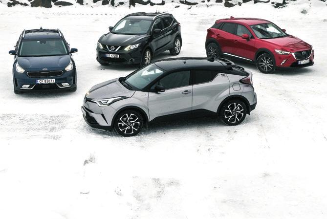 KIA NIRO MAZDA CX-3 NISSAN QASHQAI TOYOTA C-HR DUELL KJEKKE OG POPULÆRE Fordi SUV selger bedre enn noen gang, har vi sett nærmere på fire utfordrere til de tradisjonelle, kompakte familiebilene.