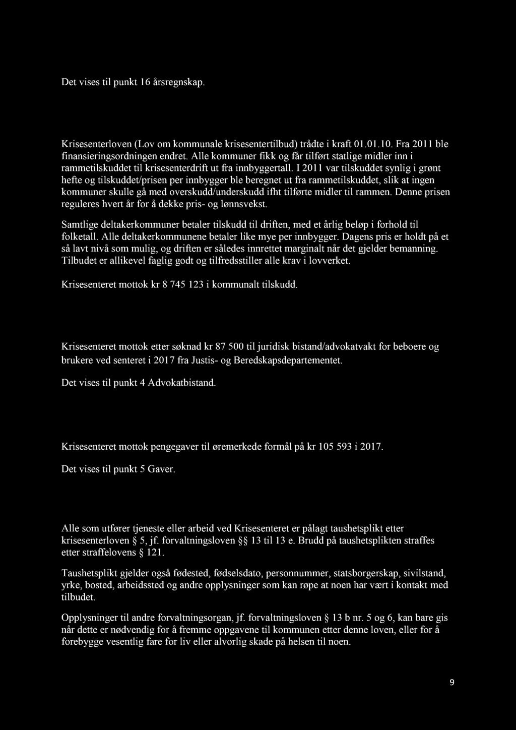 1. 5 F inansiering Det vises til punkt 1 6 årsregnskap. 1.5.1 K ommunalt tilskudd. Krisesenterloven (Lov om kommunale krisesentertilbud) trådte i kraft 01.01.10.