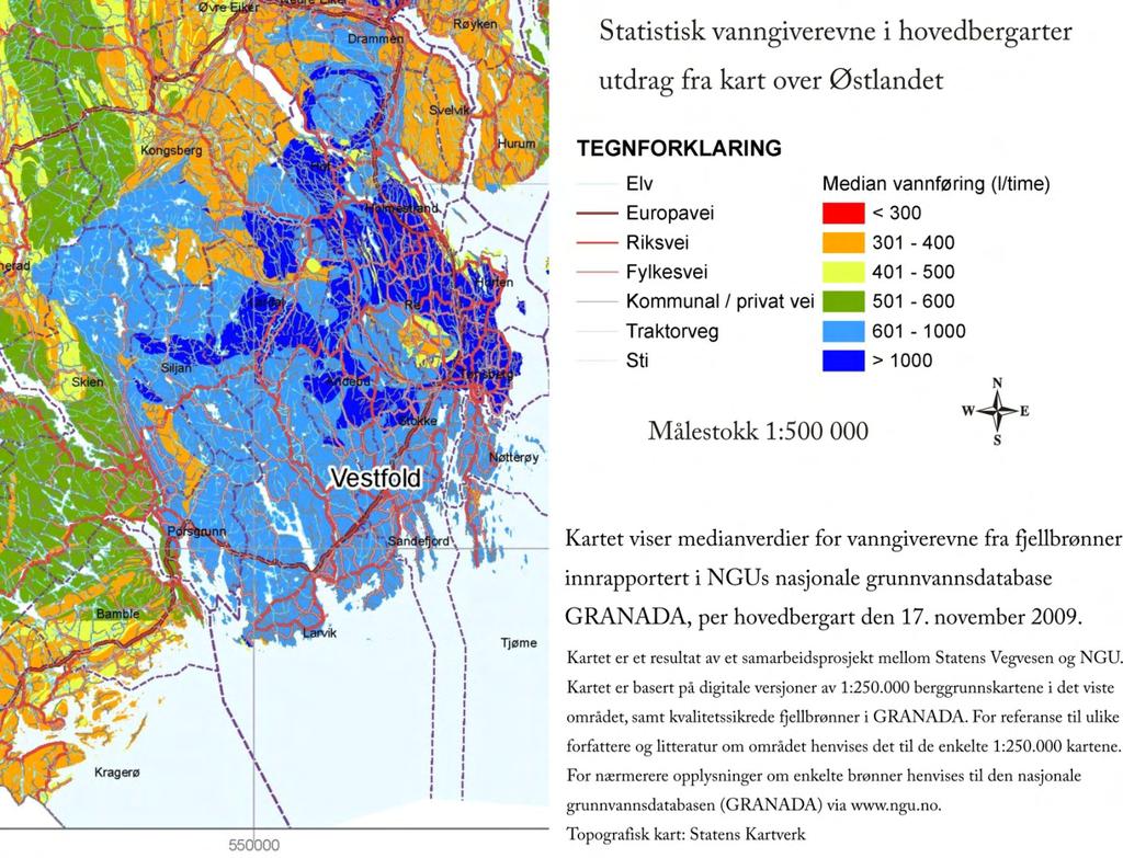 4. TILLEGGSINFORMASJON OM OMRÅDET 4.1 Vanngiverevne i hovedbergarter NGU har gjort en analyse over vanngiverevne i hovedbergartene som er kartlagt på Østlandet (Gundersen og de Beer, 2009).