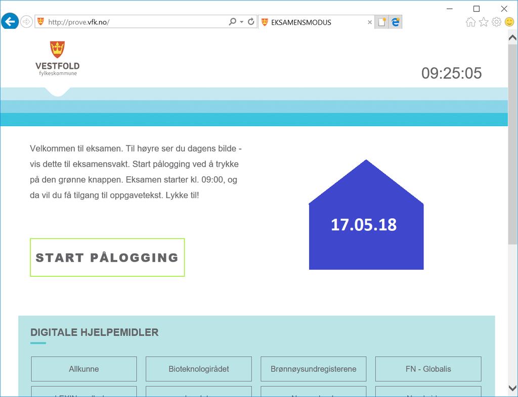2. Sjekk at PC-en er i eksamensmodus Klikk på ikonet «Eksamen kontrollside» og du skal få opp et bilde som ligner det under. Her vil det være et nytt bilde for hver eksamensdag.