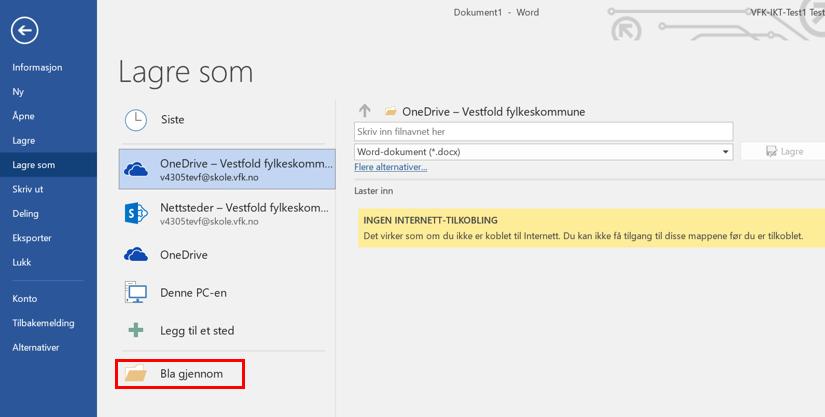 Under eksamen må dokumenter derfor lagres lokalt. Slik gjør du for å lagre lokalt 1. Klikk på «Fil» øverst i venstre hjørne. 2.