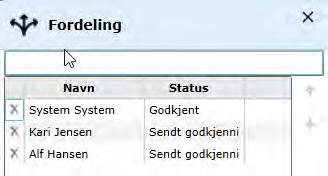 Fordele flere bilag til godkjenning samtidig Dersom du bruker denne funksjonen, fordeler du alle rader på flere bilag samtidig til valgte godkjennere/e bortsett fra ev.