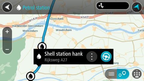Det åpnes en hurtigmeny på kartet som viser navnet på bensinstasjonen. 4. Velg Kjør. En rute planlegges, og navigasjon til reisemålet ditt begynner.