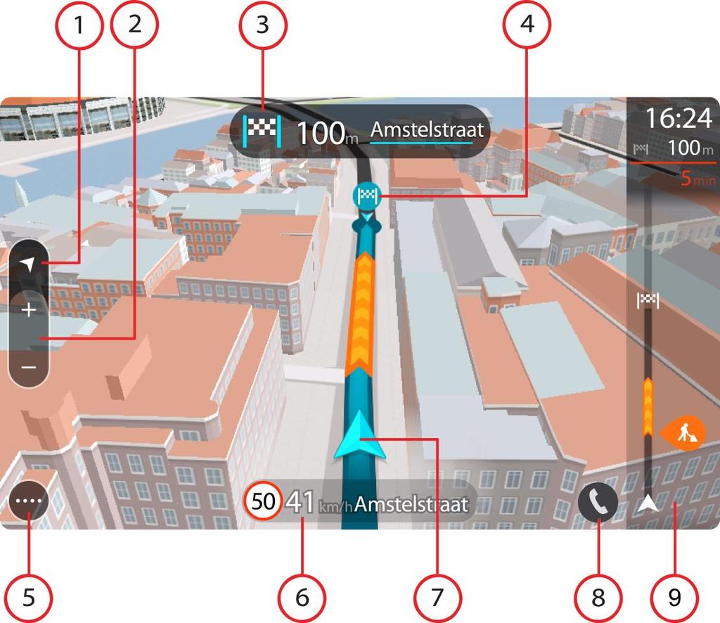 11. Velg telefonknappen i kartvisningen eller veiledningsvisningen for å aktivere telefonen og foreta håndfritelefonering. 12. Rutelinje. Rutelinjen vises når du har planlagt en rute.