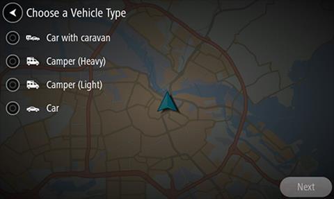 2. Velg Kjøretøytype, og velg deretter Campingbil (tung/lett) eller Bil med campingvogn fra listen som vises.