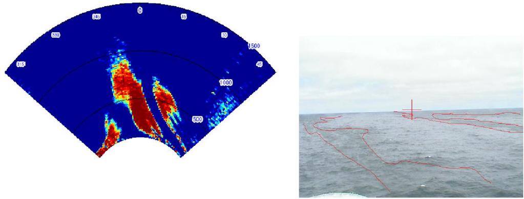 Figuren under viser eksempel på hvordan oljeutbredelsen er korrelert mellom radar og video. Baugen til fartøyet vises i nedre venstre del av videobildet.