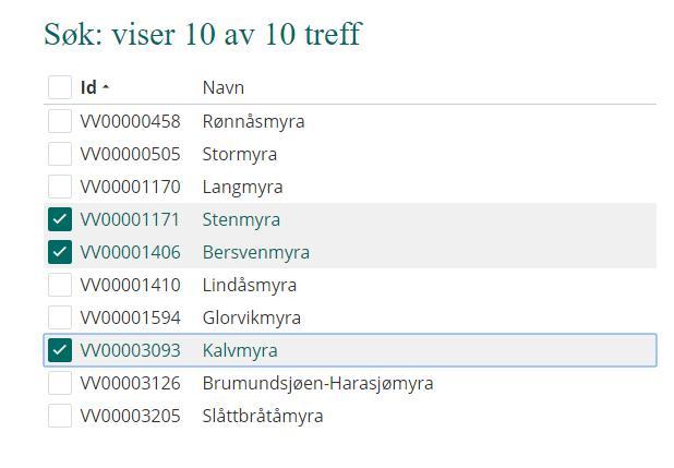 Bruk den øverste avkryssingsboksen til eventuelt å velge alle treffene i trefflisten.