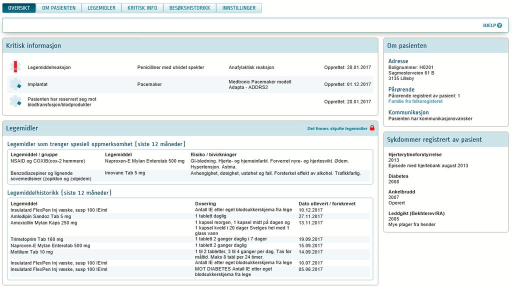 3 Oversikt Skjermbilde 1: Kjernejournal - siden oversikt Oversikten er startsiden når pasientens kjernejournal åpnes.