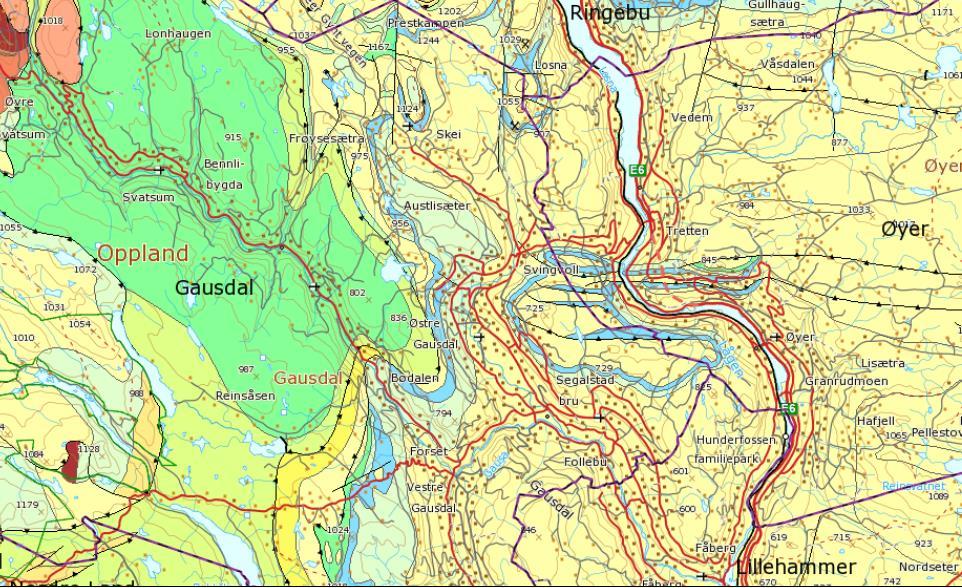Figur 4. Bergrunn. Fra http://geo.ngu.no/kart/. Kartet viser at Øyer ligger i gult område for sandsten (sedimentære bergart).