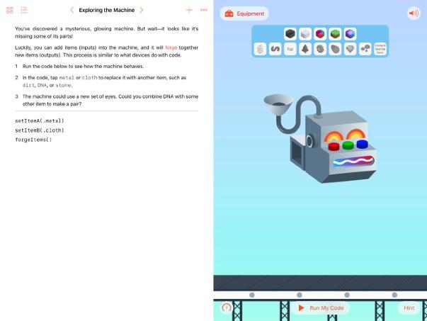 The Incredible Code Machine (40 minutter) Trykk på utfordringen Code Machine i Swift Playgrounds-appen. Utforsk The Incredible Code Machine sammen, lær hvordan den fungerer, og hva den kan gjøre.
