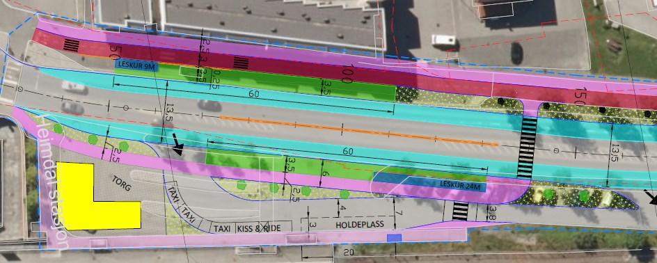 Side 11 For å tilfredsstille kravet om 3,5 m bredde på plattformen må sykkelvegen i bakkant av stasjonen justeres noe. Sykkelvegen har regulert bredde 3 meter og fortauet 2,5 meter.