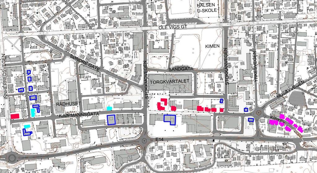 Endringer i plankartet Det er utarbeidet nye plankart for alt. E både på og under bakken. Hovedtrekkene i endringene er beskrevet under. Byggegrenser I alt.