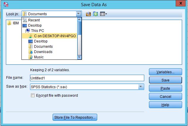 Windows PC, åpne og lagre filer fra egen datamaskin SPSS via RDP fungerer slik at du kobler deg på en server på Høgskolen for å bruke programmet.