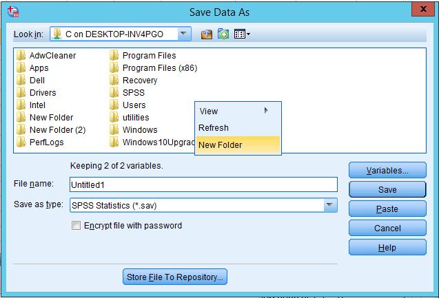 Steg 2. Vi anbefaler at du lager en mappe direkte på «C on DATAMASKINNAVN» som heter SPSS. Dette vil bli mappen hvor du lagrer og åpner alle SPSS filene dine.