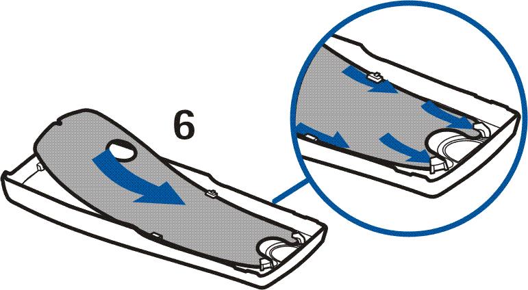 7. Legg utklippsdekselet i baksidedekselet ved å skyve det under de to skinnene midt på og nederst på baksidedekselet (6). 8.