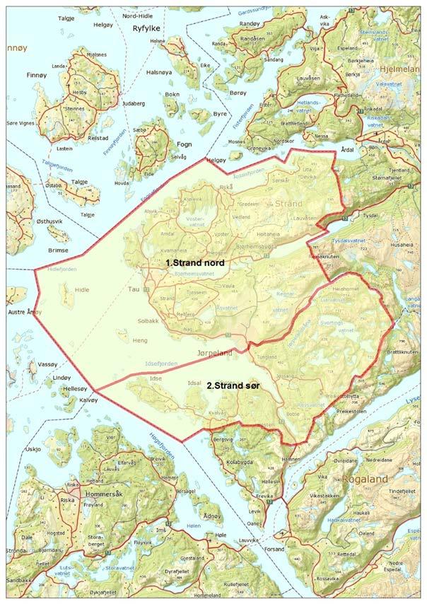 5.6 Geografiske inndeling i områder Kommunen er delt inn mest mogleg etter naturgitte avgrensingar, med i alt 2 områder sjå kart under. 5.