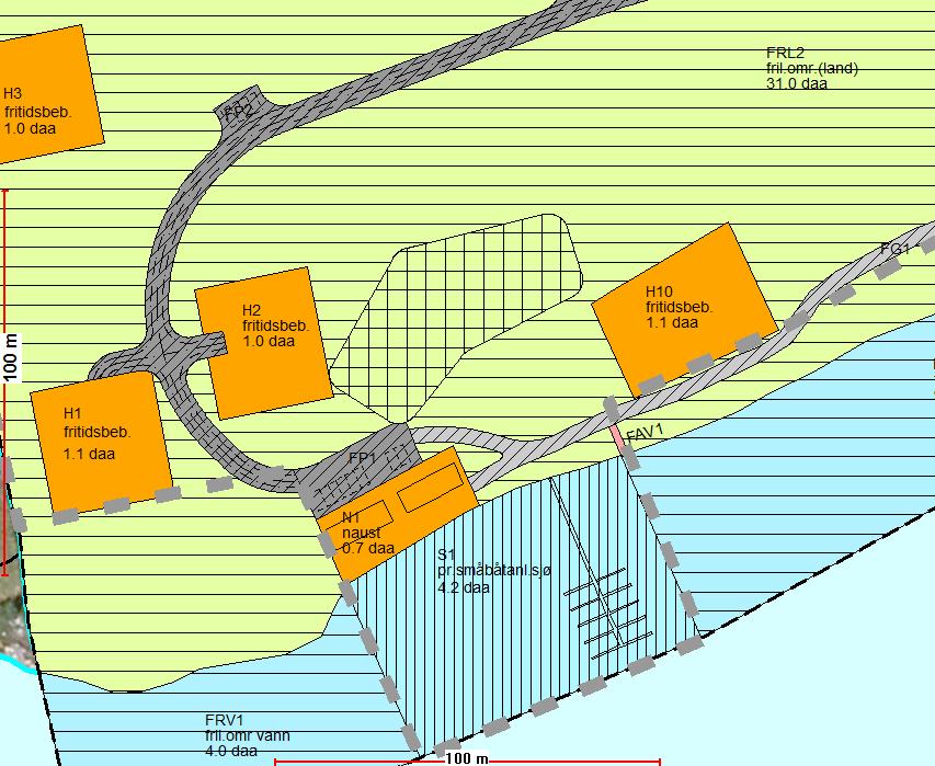 23 Byggegrense fastsatt i kommuneplanens arealdel (grå stiplet linje) lagt over gammel reguleringsplan uten fastsatt byggegrense i tråd med