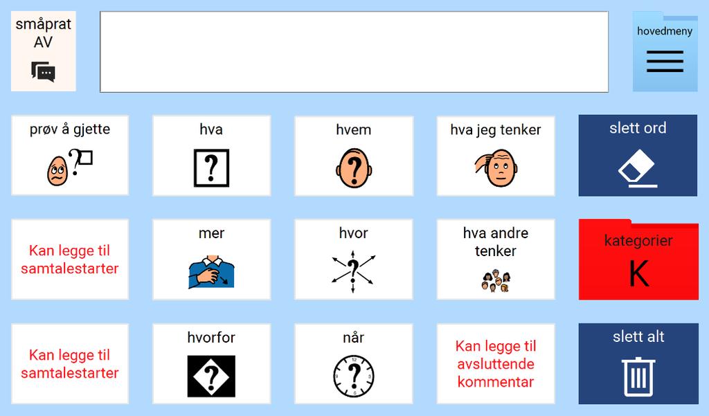 7.4.2.5 PODD 15 Mine historier-sider Side for lagring av forberedte historier og nyheter. Det er plass til å lagre foretrukne samtalestartere og oppsummerende kommentarer.