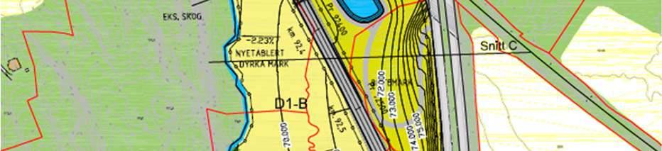 Omåde D1-A og D1-B med gul skravur viser planlagt
