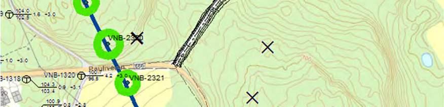 Borpunkter markert med grønt viser grunt til berg eller ikke kvikkleire.