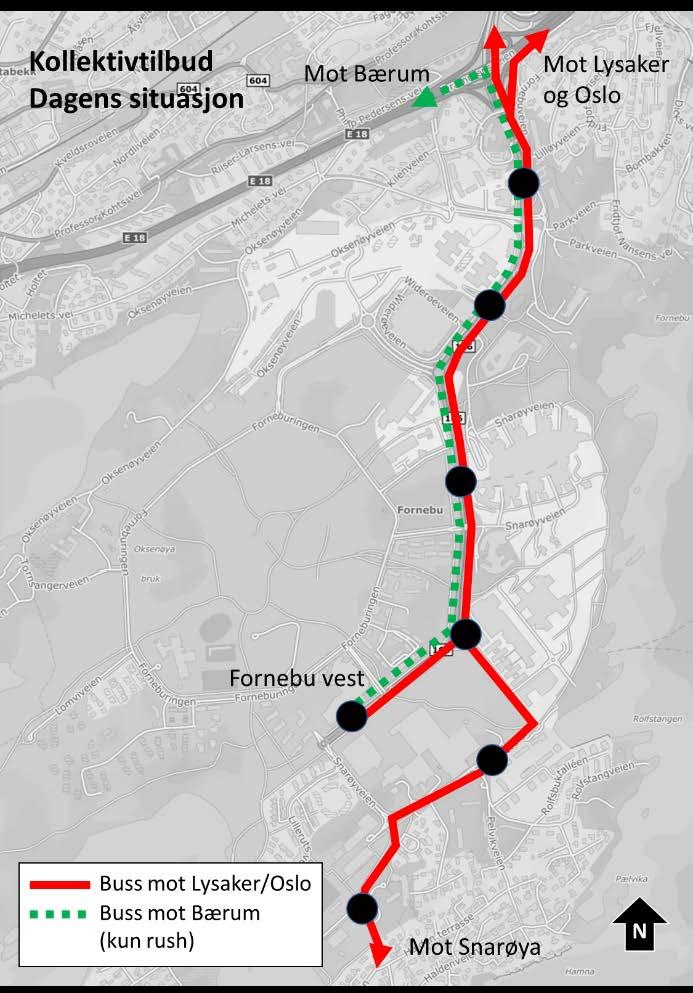 Tabell 1: Kollektivruter som betjener Fornebu i dagens situasjon. Rød farge illustrere Oslorettede bussruter, mens Bærumsrettede ruter er vist med grønn farge.