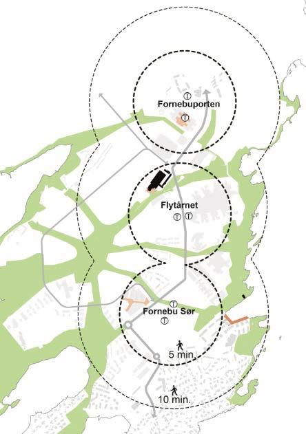 Figur 18: Hvor langt man kommer med fem og ti minutters gange fra stasjonene langs Fornebubanen.
