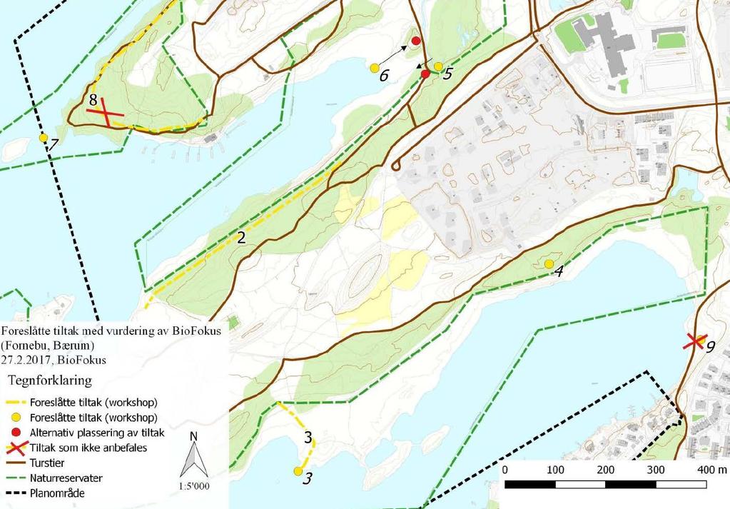 Figur 35: Forslag til avbøtende tiltak (BioFokus). Nummererte tiltak på kartet forklares nedenfor. 2: Omlegging av sti langs Storøykilen naturreservat (for å hindre at folk går innenfor reservatet).