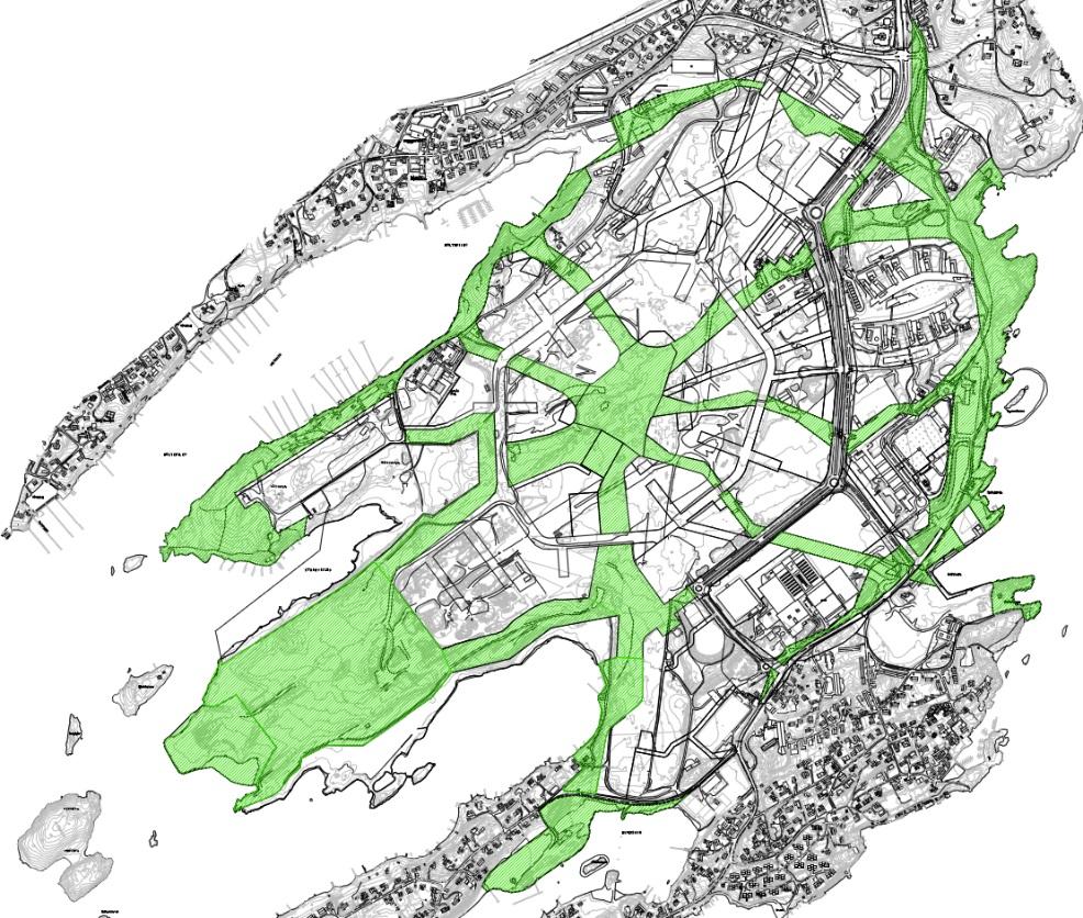 Beskrivelse av eksisterende grøntstruktur og uterom Grøntstrukturen på Fornebu består av flere arealertyper: 1. Grøntstruktur overordnet nettverk 2.