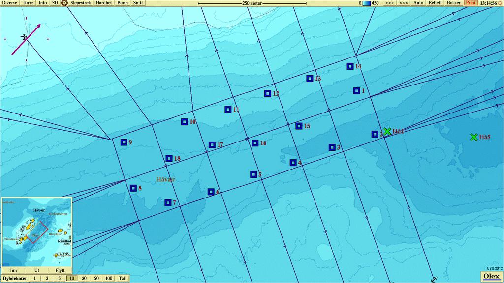 Figur 3: Sjøkart som viser bunndata fra Håvær i 0,46 meters opppløsning, planlagt anleggsplassering og fortøyningsliner sammen