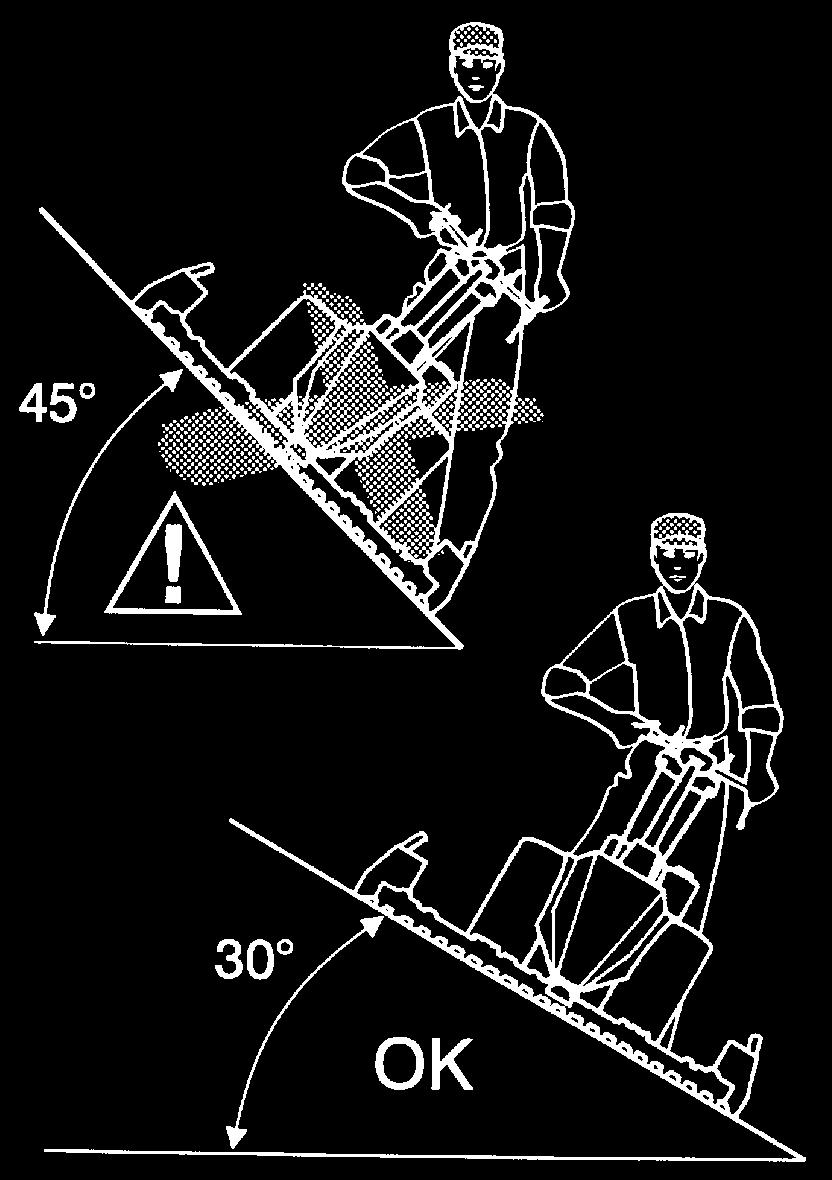 Bruk av slåmaskinen Kjør aldri slåmaskinen direkte opp eller ned en skråning! Arbeid alltid på tvers av hellinger. Unngå side helling ut over 30 * Betjening av maskinen.