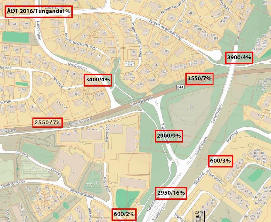 Trafikksikkerhet og kapasitet 1-10 3. KAPASITET 3.1 ÅDT fra forprosjekt Dagens ÅDT på vegnettet på Lund er hentet fra NVDB, og vist i Figur 12.