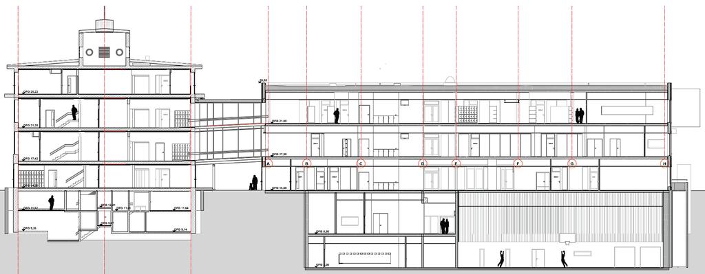 Langsnitt, nybygg med underjordisk sal for kroppsøving til høyre VVS-teknikk Energikilde for den vannbårne oppvarminga av bygningene er fjernvarmenettet i Trondheim. Ventilasjon er løst med 12 (?