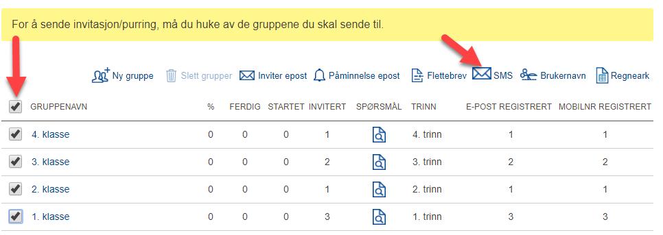 Huk av gruppene du vil invitere med SMS (og evt også epost)