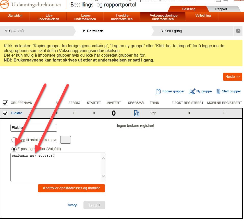 Hvis du ønsker å invitere elevene til å svare ved hjelp av e-post og/eller mobilnummer kan du gjøre det på én av to måter. Enten via «Lag en ny gruppe», eller «Klikk her for import».