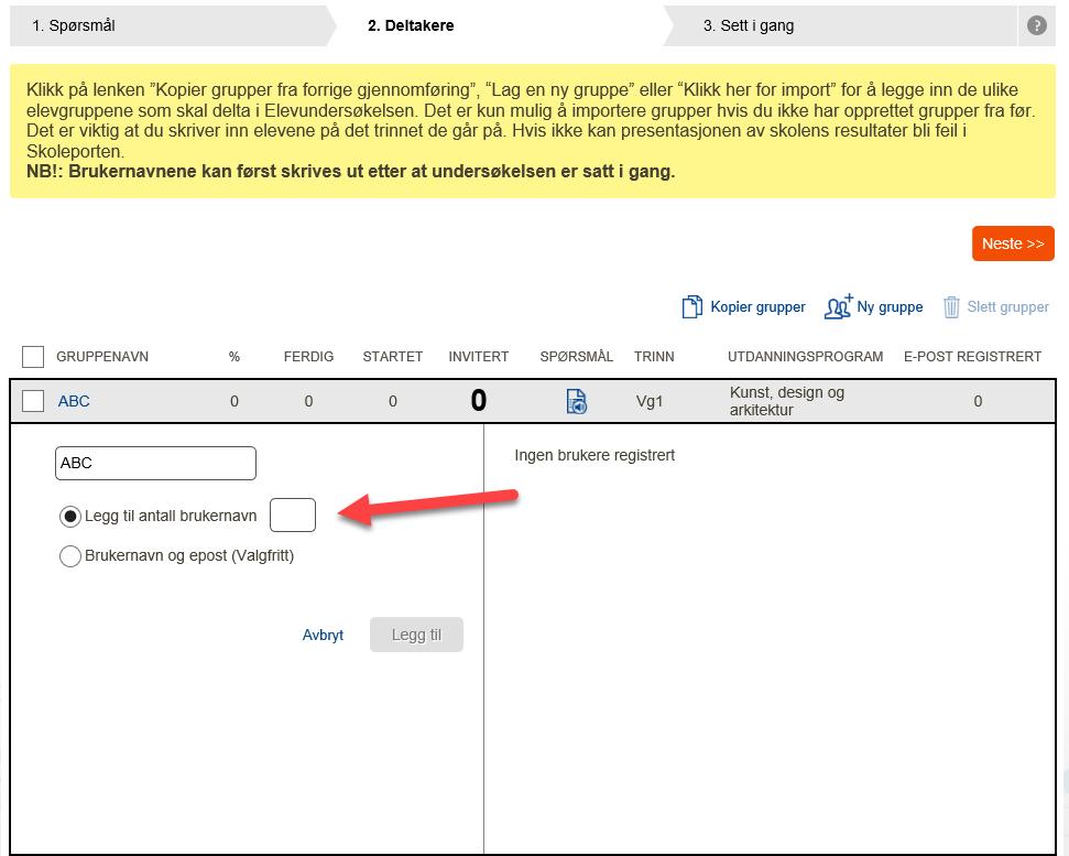 Deretter legger du inn antallet elever for denne elevgruppa, se rød pil i