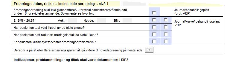 Tiltak 1: Vurdering av ernæringsmessig risiko: Sjekkliste