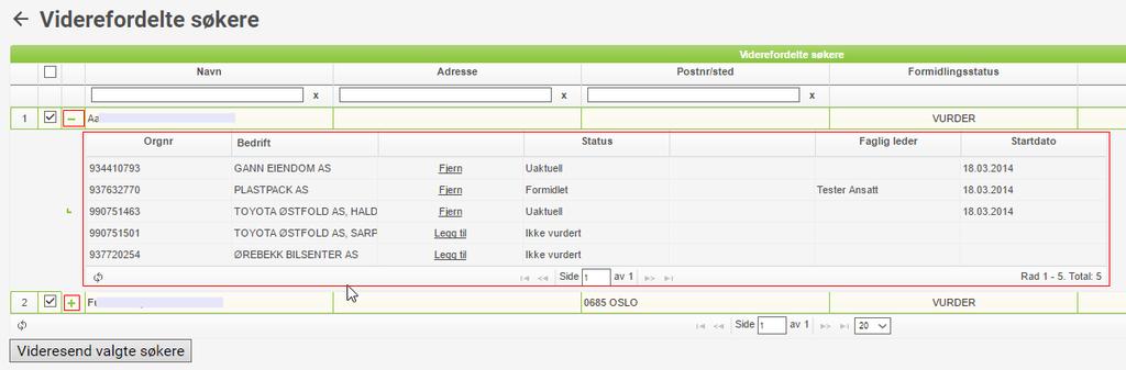 Oversikt over hvilke medlemsbedrifter aktuell søker kan oversendes/ er oversendt til, vises i undertabell ved å klikke på + til venstre for aktuell søker.