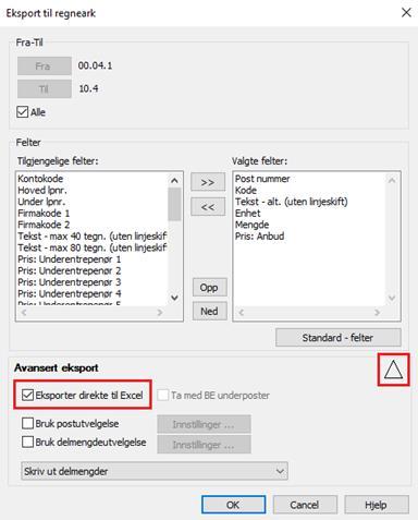 Eksport til Excel (Format: NS-struktur) Fremgangsmåten er den samme som «Eksport til Excel (Format: kolonne)».