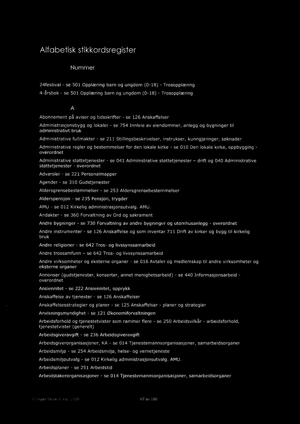 Alfabetisk stikkordsregister Nummer 24festival - se 501 Opplæring barn og ungdom (0-18) - Trosopplæring 4-årsbok - se 501 Opplæring barn og ungdom (0-18) - Trosopplæring Abonnement på aviser og