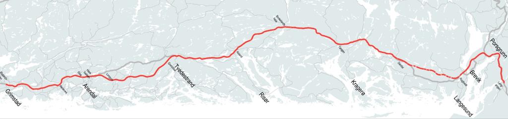 E18 Langangen - Grimstad Reisetid: Langs eksisterende veg (132 km): 100 min Redusert reisetid ny veg: