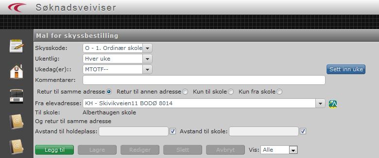 Mal for skyssbestilling Det er i <mal for skyssbestilling> vi gir beskjed til systemet hvor eleven skal ha skyss fra og når han skal skyss.