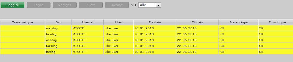 Velges det <hver uke> i malen vil skola bli fakturert for 100% skyss. I dette eksempelet er det valgt like uker. Klikk <legg til> og du får fram kjøremønsteret til eleven.