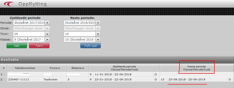 Elevforekomsten som var på høyre side vil da flytte seg til venstre side igjen. Men nå kan dere se at Neste periode (neste skoleår) også er fylt ut i tillegg til Gjeldende periode.
