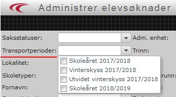 Transportperioder. Her vises transportperiodene for inneværende skoleår og i perioden februar til ca. oktober også transportperioder for neste skoleår.