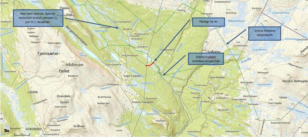 Detaljkart ovenfor viser den nye veien innenfor Frydalen landskapsvernområde og området utenfor vernegrensen.