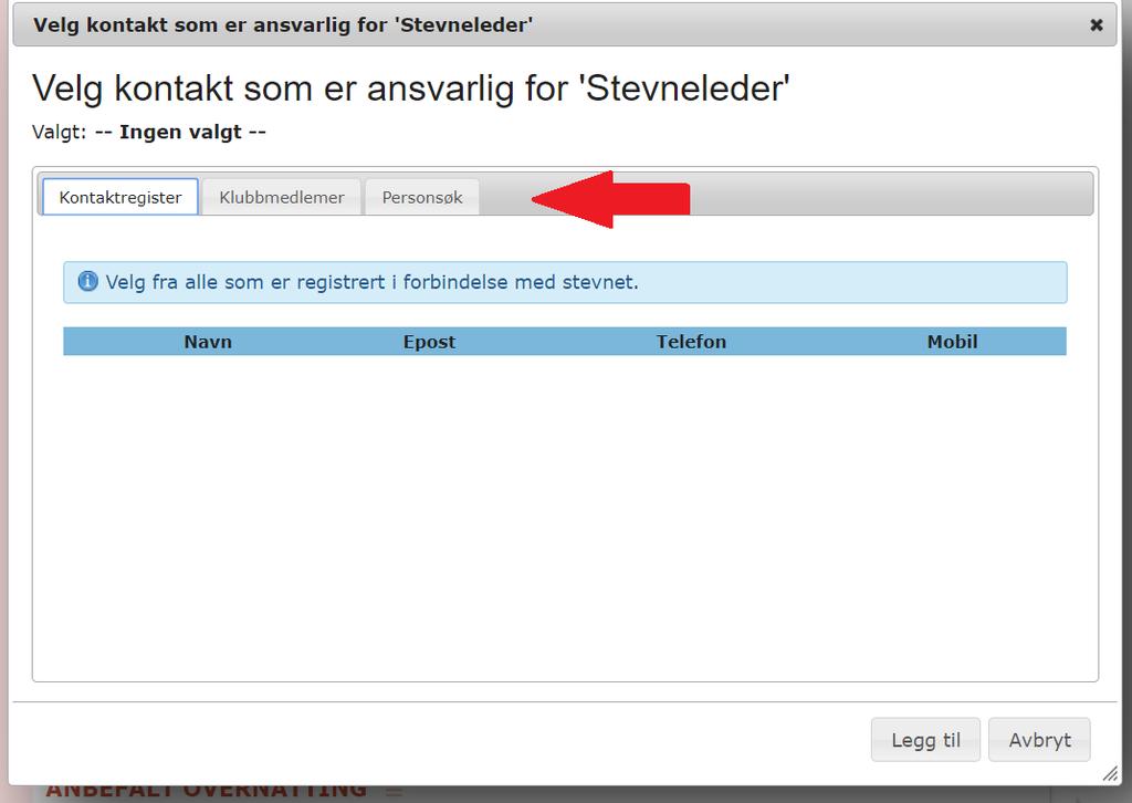 Når du klikker i et felt der du skal legge til person (stevneleder, oppstallingsansvarlig el.