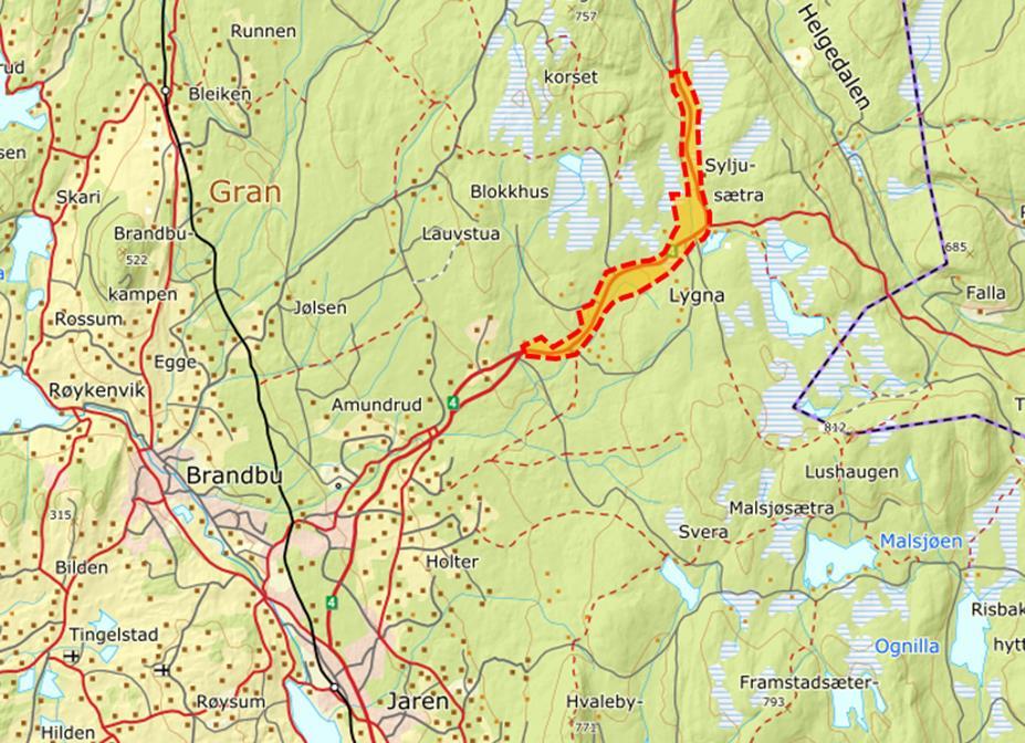 NOTAT til regionalt planforum 13.11.2018 Av Sigrid Lerud, fagansvarlig plan, Gran kommune. Dato: 01.11.2018 Reguleringsplan Rv 4 Lygna Planområdet utgjør ca 1100 daa og omfatter et område på ca 5 km lengde langs og omkring den eksisterende rv.