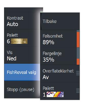 FishReveal-alternativer Følsomhet Kontrollerer følsomheten til FishReveal-data på DownScan-bildet. Hvis du øker følsomheten, vises det flere detaljer på skjermen.