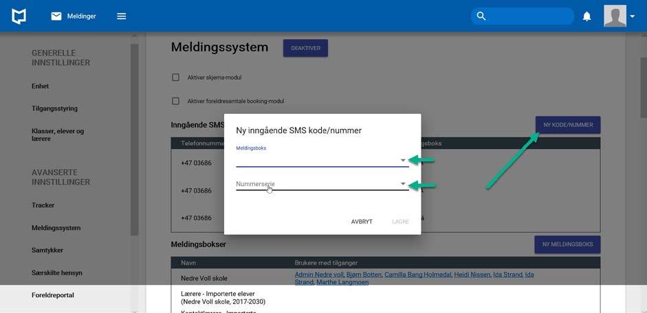 For å velge ny inngående SMS kode/nummer klikker du på «Ny kode/nummer».